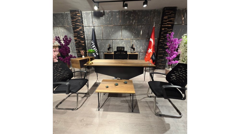 Tilia Zirve modern ofis çalışma grubu, suntalam masa takımı, Polen makam koltuğu ve Polen bekleme koltukları dahil.